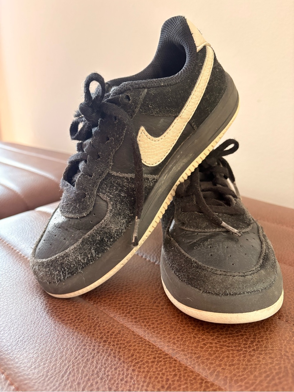 Nike Kids Black and Cream Low-Top Sneakers with Swoosh